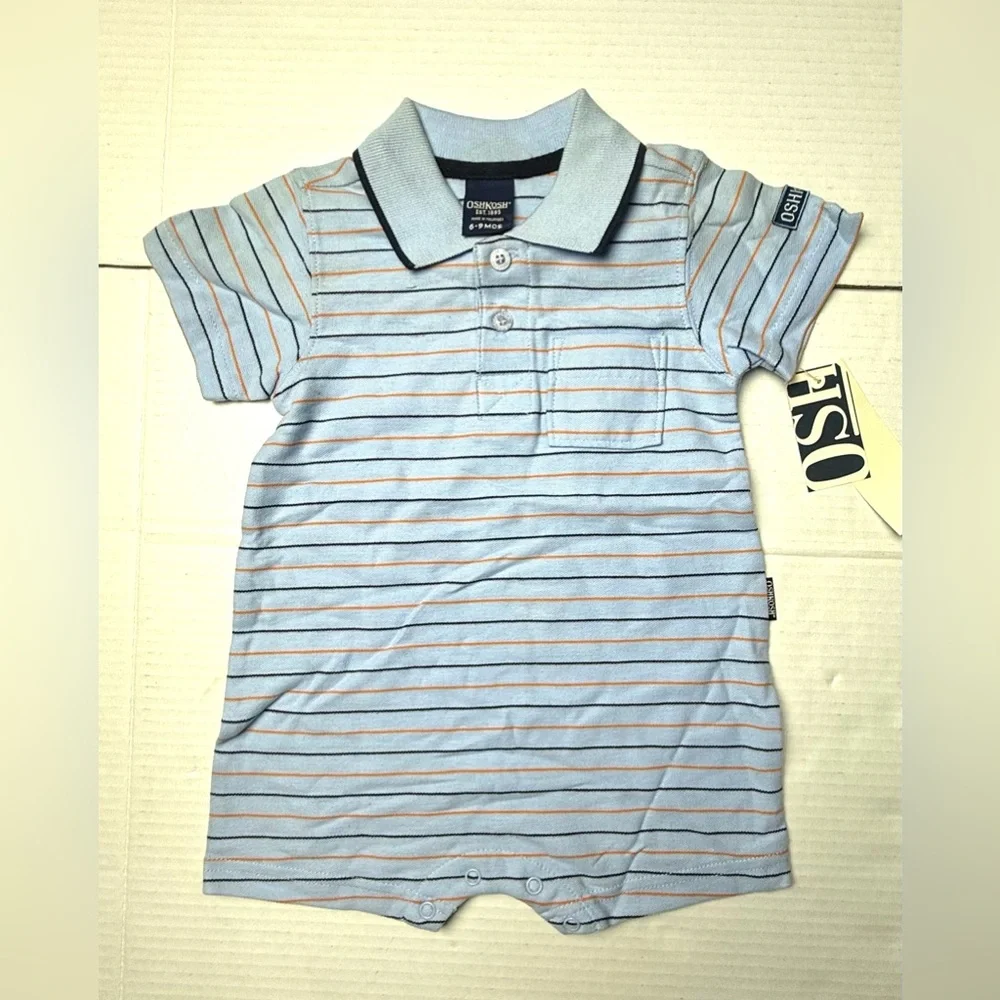 Vintage Oshkosh Baby Boy 9‎ Months Blue Striped One Piece Romper 90s Easter